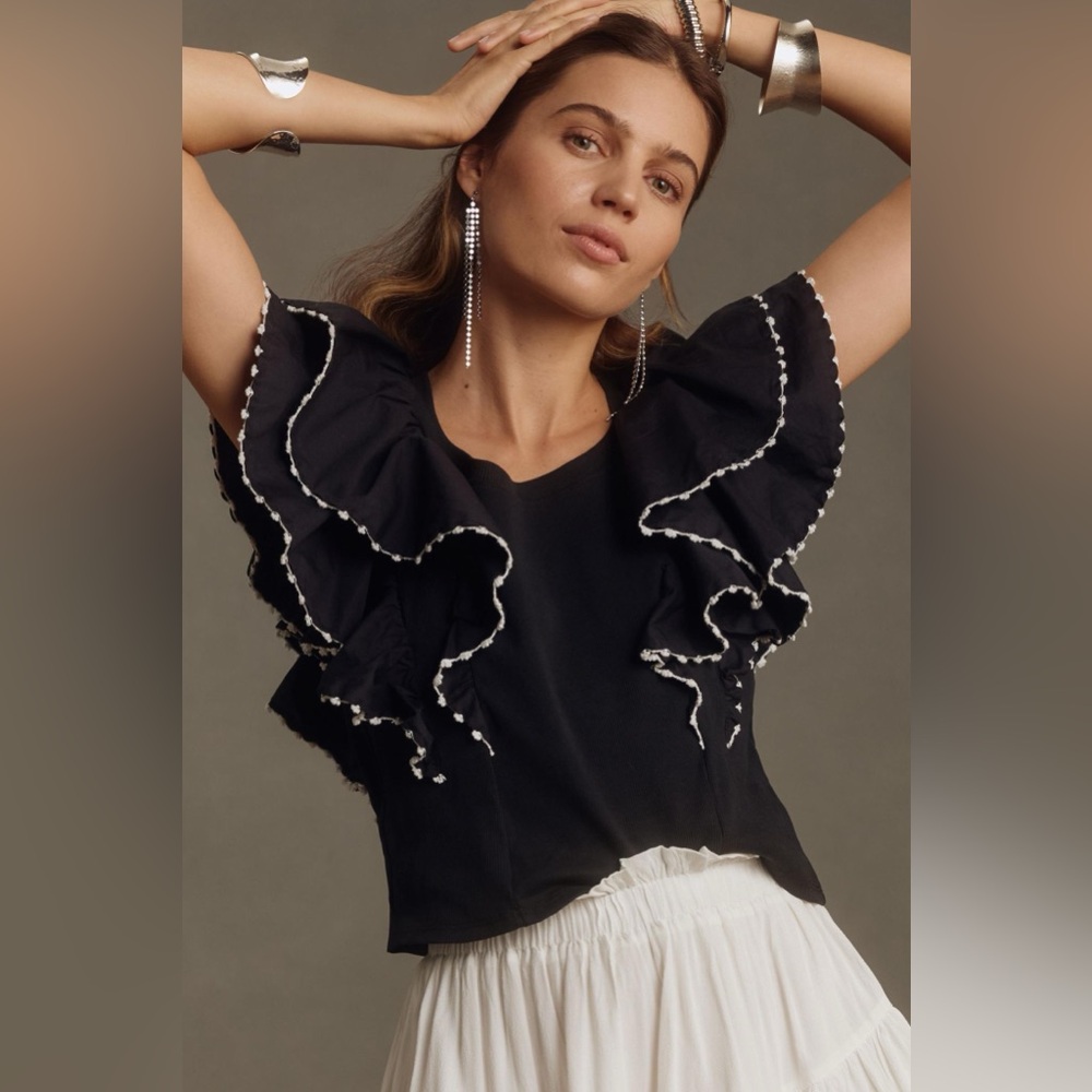 Anthropologie Black Ruffle Top